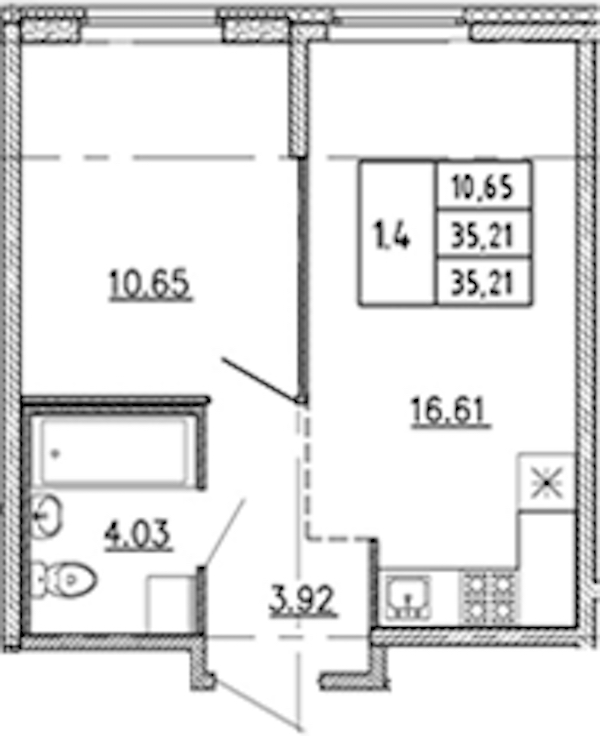 1-комнатная квартира 35.21 м², 1/22 эт., ЖК «Новые горизонты 2»